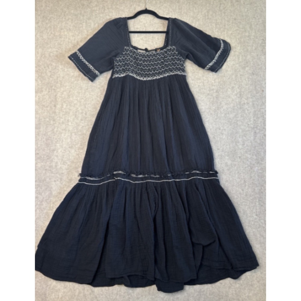 Free People I'm The One Smocked Embroidered Maxi Dress Womens XS Black Cotton